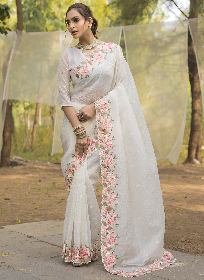 Women Party Wear Embroidery Worked Pure Cotton Linen Silk Saree with Un Stitched Blouse